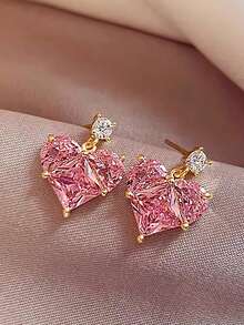 1 Pair Elegant Sweet Pink Cubic Zirconia Heart-Shaped Drop Earrings Suitable For Women's Wedding, Party, Holiday Wear - Pink - View 3