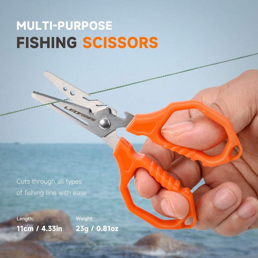 LEOFISHING Multifunction Fishing Scissors For Braided Line Mono Fluorocarbon Wire Lines,Non-Slip Grip Fishing Shears Enlarged Finger Holes With Bottle Opener - Orange - View 1
