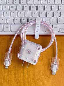 5件組亮粉色鑽石蝴蝶設計手機充電保護套組，適用 20W/18W 充電器，含充電線保護套與充電頭保護套，防塵防震，可愛女孩風，節日禮物 - 粉色 - 查看 4