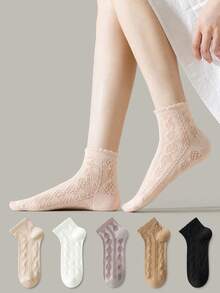 ZUJO 5 Pairs Women's Lace Diamond Grid Cable Knit Short Socks, Simple And Comfortable, Suitable For All Seasons - Multicolor - View 2