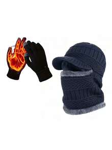 2PCS Unisex Autumn/Winter Warm Knitted Hat & Neck Warmer Set, Windproof Thermal Lined Beanie With Matching Gloves, Versatile Knit Cap Set - Multicolor - View 7