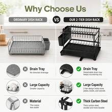 Senmeo 2-Tier Steel Dish Drying Rack, Includes 5 Rags + Built-In Drainboard And Hook Set, Rust-Proof & Sturdy, Space-Efficient For Kitchen/Countertop, Ideal Seasonal Storage Solution - Black (gift 5 Cleaning Cloths)) - View 5