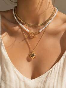 Hegaze 1 Set French Style 3-Layer Stacked Necklace For Women, Gold Snake Chain With Pearl, OT Clasp Chain, Heart Pendant, Multi-Layer Collarbone Chain, Gentle Commute Versatile Neck Accessory - Yellow Gold - View 2