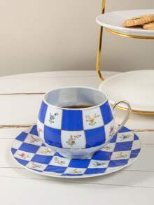 1pc Set Exquisite Personalized Bone China Coffee Cup And Saucer, Large Vintage Grid Coffee Cup, Suitable For Home, Party, Club, Housewarming, Gift Choice - Multicolor - View 2