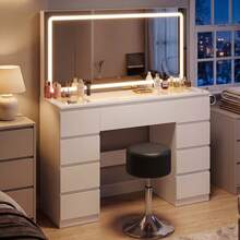 Devoko Modern Vanity Table With Extra Large LED Mirror, 3 Light Colors And Dimmable Brightness, Dressing Table With Glass Top, 9 Drawers, Power Strip And Hair Dryer Holder, White/Black - 查看 3