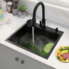 Einschalen-Spülbecken Für Die Küche,Edelstahl-Einbau-/Unterbauspüle Mit Ausziehbarem Wasserhahn&Tassenspüler&Ablaufkorb&Seifenspender,Multifunktionales Cafe/Bar/Hotel-Arbeitsplatz-Becken - Schwarz - Übersicht 4