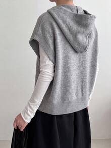 Women's Casual Loose Fit Hooded Cardigan Vest, Autumn Fall - Grey - View 2