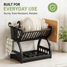 1pc 2 Tier Dish Drying Rack With Drain Tray, Countertop Dish Drainer, Space Saving Kitchen Tableware Storage Organizer Christmas, Halloween, New Year Gift - Multicolor - View 4