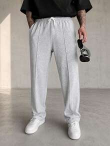 Men's Grey Loose Wide Leg Sweatpants, Casual Lounge Pants, Front Seam Design, Drawstring Waist, Side Pockets Sports Fall - Light Grey - View 7