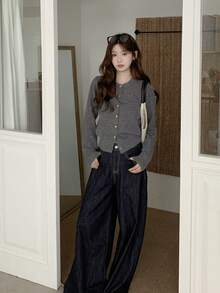 Korean Style Minimalist Solid Color Button Knit Cardigan - Grey - View 6