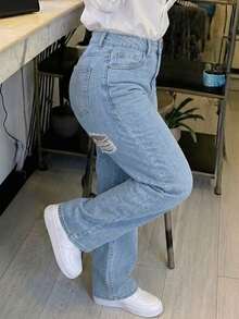 Women's Casual Straight Leg Denim Jeans With Pockets And Buttons Fall - Light Wash - View 5