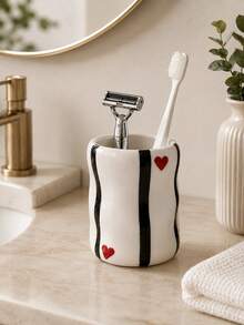 1pc Cute Striped Red Heart Toothbrush Holder, Multi-Functional Bathroom Countertop Storage Cup, Toothpaste Storage Box, Bathroom Vanity Aesthetic Home Decor - Multicolor - View 7