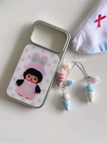 1pc White Background Pink Polka Dot Pink Rabbit Cartoon Pattern Electroplated Silver Frame Large Window Glossy Soft Shell Full Coverage Anti-Drop Lens Protection No Lanyard Accessories Phone Case Compatible With All Apple Models Retro Korean Girly Ins Style - Silver - View 4