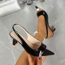 Women's New Black Patent Leather Transparent Patchwork Pointed Toe Slingback Chunky High Heel Pumps, Sexy Elegant Commuter Closed Toe Sandals - Black - View 5