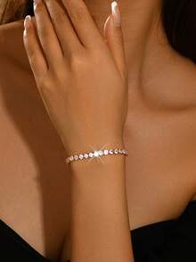 1pc Women's Tennis Bracelet, Single Row Sparkling Rhinestone Thin Chain, Stackable, Summer Daily Wear, Wedding Bridal Accessory - Multicolor - View 9
