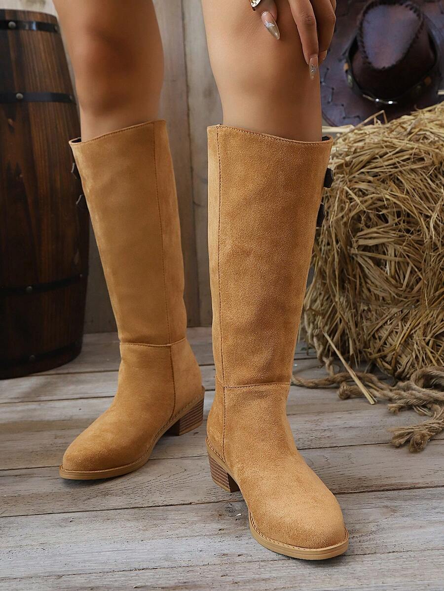 Plus Size Vintage Brown Chunky Heel Mid-Calf Riding Boots For Women Autumn/Winter - Brown - View 1