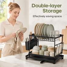 Senmeo 2-Tier Steel Dish Drying Rack, Includes 5 Rags + Built-In Drainboard And Hook Set, Rust-Proof & Sturdy, Space-Efficient For Kitchen/Countertop, Ideal Seasonal Storage Solution - Black (gift 5 Cleaning Cloths)) - View 7