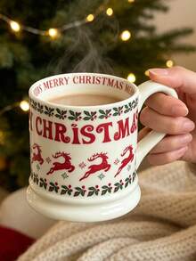 1pc Aesthetic Vintage Christmas Ceramic Mug, Retro Footed Hot Chocolate Coffee Cup With Tree & Reindeer Pattern, Festive Xmas Gift Drinkware - Christmas Ceramic Mug - View 7