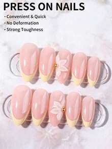 24pcs Long Almond Shape 3D Press-On Nails, Pearl Embellished Floral French Style Fake Nails, Includes 1pc Jelly Glue And 1pc Nail File, Floral Nail Art Makes Fingertips Shine, Suitable For Party, Ball And Daily Wear - Yellow - View 2