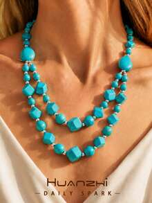 1pc New Double-Layer Multi-Shape Turquoise Beaded Handmade Necklace, Relaxed Bohemian Women's Neck Accessory, Suitable For Island Beach Vacation And Daily Wear - Multicolor - View 1