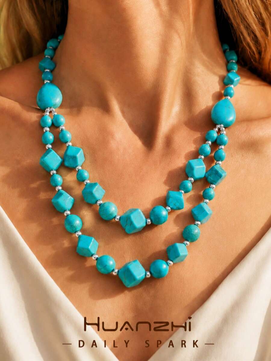 1pc New Double-Layer Multi-Shape Turquoise Beaded Handmade Necklace, Relaxed Bohemian Women's Neck Accessory, Suitable For Island Beach Vacation And Daily Wear - Multicolor - View 1