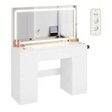 Devoko Modern Vanity Table With Extra Large LED Mirror, 3 Light Colors And Dimmable Brightness, Dressing Table With Glass Top, 9 Drawers, Power Strip And Hair Dryer Holder, White/Black - 查看 9