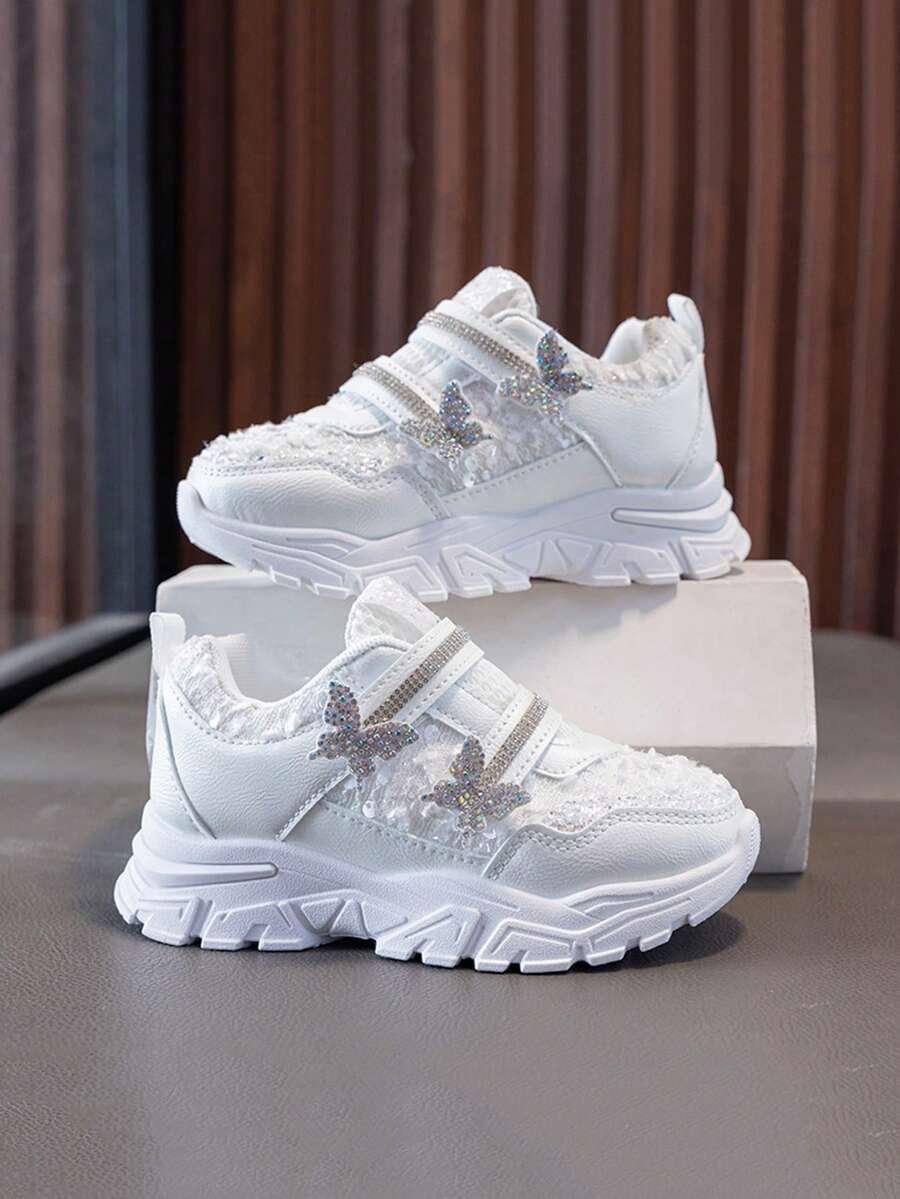 1 Pair Exquisite Girls' Lace Mesh Upper Shoes, Lightweight Breathable Non-Stuffy, Rhinestone Bow Decor, Sweet Princess Style Suitable For All Seasons And Long-Term Wear - White - View 1