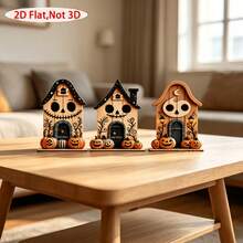 3 Buah Ornamen Dekorasi Halloween Kayu, Motif Hantu & , Aksesori Kecil untuk Pintu Masuk, Rak Buku, dan Meja - A - View 4