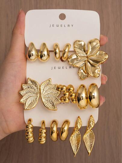 6/18pcs Gold Women's Fashion Earring Set, New Floral Series And Geometric Multi-Style CCB Earrings, Suitable For Daily, Party, Holiday Wear