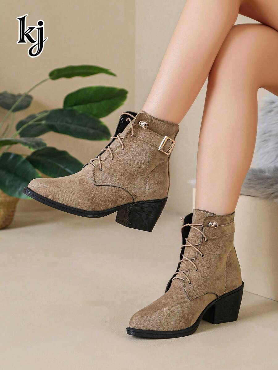 Women's Vintage Chunky Heel Western Ankle Boots, Faux Suede Lace-Up Pointed Toe Cowboy Boots, Fashion Outdoor Casual Ankle Boots - Camel - View 1