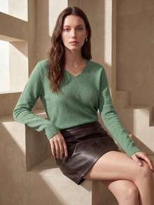 Maglione da donna in 100% lana merino con scollo a V, maglieria senza cuciture casual a maniche lunghe per l'autunno - Verde Oliva - Visualizzare 1
