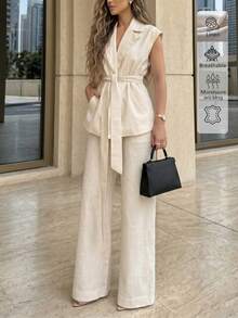 Elegant Linen 2 Pieces Set, Casual Chic Outfit For Commute And Daily Wear, Vacation Attire For Women Summer - Apricot - View 2