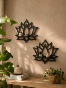1pc Lotus Shaped Wall Mounted Floating Shelf, Boho Style Home Decor, Black Wooden Lotus Flower Rack, Decorative Wall Storage Organizer For Plants, Candles, Incense, Suitable For Bedroom, Bathroom, Balcony, Space-Saving Wall Hanging Rack - Multicolor - View 3