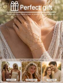 2pcs Gold Bead Mesh Finger Chain Bracelet Set, Exquisite Small Gold Bead Mesh Finger Jewelry, Multi-Layer Stackable Elegant Thin Bracelet Hand Accessory Set For Women - Mesh - View 5