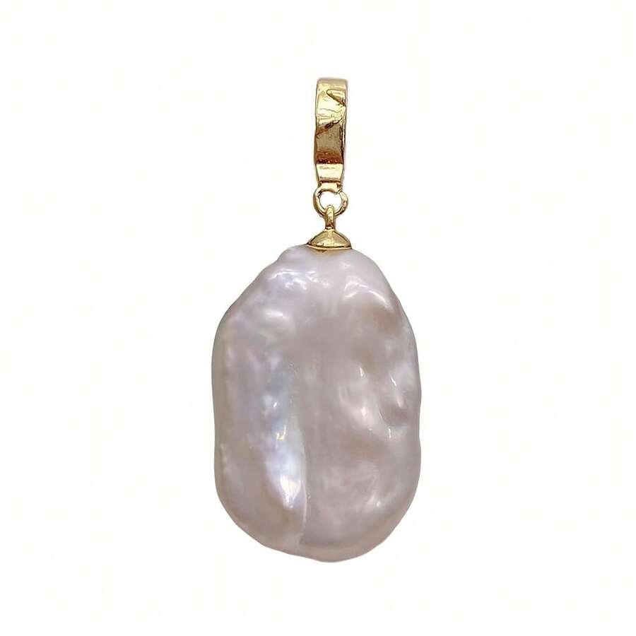 (Natural Pearl, Slight Difference Between Actual Product And Image) Baroque Rectangular Flat High-Quality Luster Freshwater Pearl Pendant, Exclamation Mark Shaped Gold Pendant Holder, Chain And Box Not Included - F - View 1