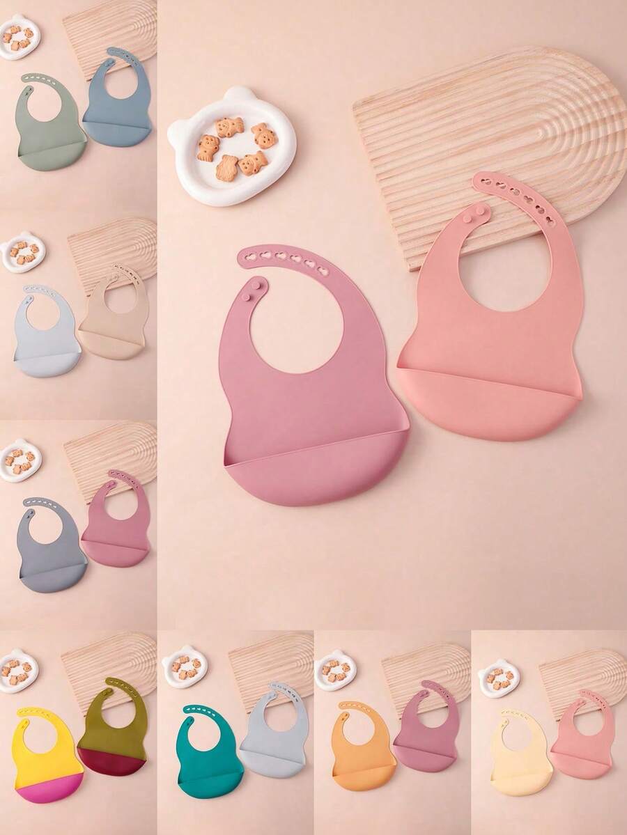2PCS Baby Silicone Bib Set Soft Baby Feeding Bib Reusable Adjustable Food Catcher For Infant Daily Meal Use Baby Tableware Accessories - Multicolor - View 1