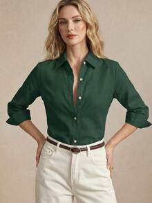 ABizChic Camisa de mujer verde haba, primavera con solapa, apertura frontal,  en capas, elegante minimalista casual para ir al trabajo, citas, uso diario, la  vintage francés, frescosss Q3JP - Verde Oscuro - Ver 12