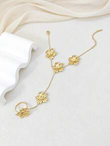 1Set Flower Bracelet With Ring, Hypoallergenic Stainless Steel Hand Chain Connected Finger Ring Hand Harness Jewelry For Women Gift - Multiple Styles - View 3