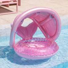 Pink Mermaid Scale Inflatable Baby Swim Ring With Sun Canopy, Children's Inflatable Swim Ring With Handle Seat, Suitable For Kids Vacation Beach Summer Toy Use - 粉色 - 查看 2
