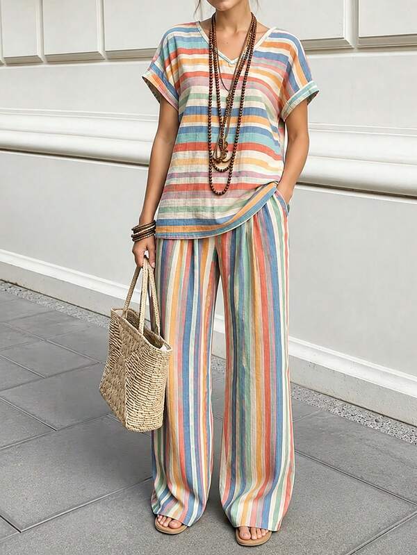 Bohemian Rainbow Colorblock Striped V-Neck Drop Shoulder Short Sleeve High Waist Drape Wide Leg Pants Casual 2-Piece Set, Autumn Wearable Loungewear
