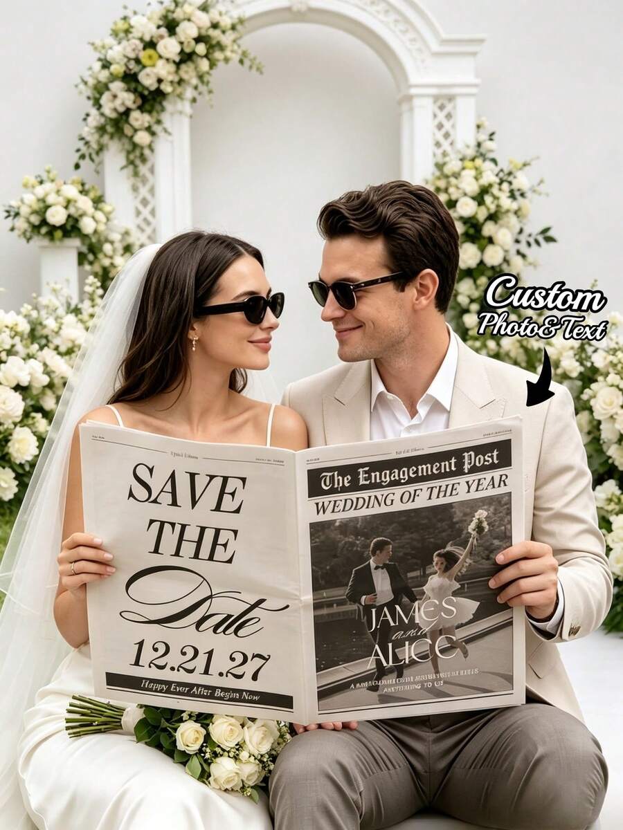1件客製化婚禮報紙海報，個性化照片姓名日期婚禮郵件印刷，拍照亭道具接待處裝飾，訂婚週年紀念新娘派對裝飾，情人節婚禮派對禮物