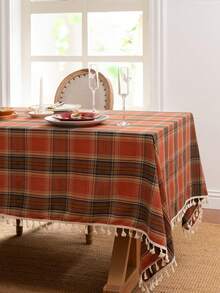 1pc Vintage Christmas Plaid Tassel Rectangular Tablecloth, Multiple Colors Available, Suitable For Holiday Home Party, Christmas Party, Homestay Decor, Restaurant Living Room, Fits Various Dining Tables - Orange - View 4