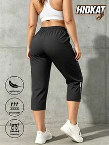 Hidkat Women's Summer Capri Pants With Elastic Waist, Drawstring, Zipper Pockets, Outdoor Casual Sports Gym - Black - View 3