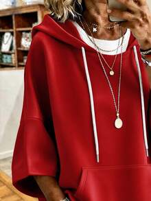 Women's Plus Size Red Hooded T-Shirt, Loose Short Sleeve Knit Fabric, Autumn Street Casual Style - Red - View 3