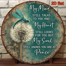 1pc 2D Flat Round Sign, "Dragonfly And Dandelion" Vintage Plaque, "My Desire Never Stops, My Soul Knows" Decorative Sign, Suitable For Bedroom Decor, Living Room Decor, Cafe Decor (Random Hole Position) - A - View 6