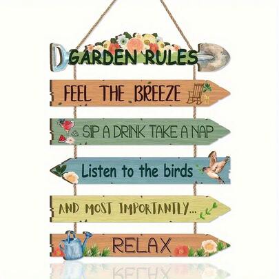 2D Flat 6pcs/Set Wooden Garden Wall Decor - Rustic Style With Floral & Bird Patterns, Relaxing Quotes, Outdoor/Indoor Hanging Decor, Suitable For Yard, Garden, Home Decoration