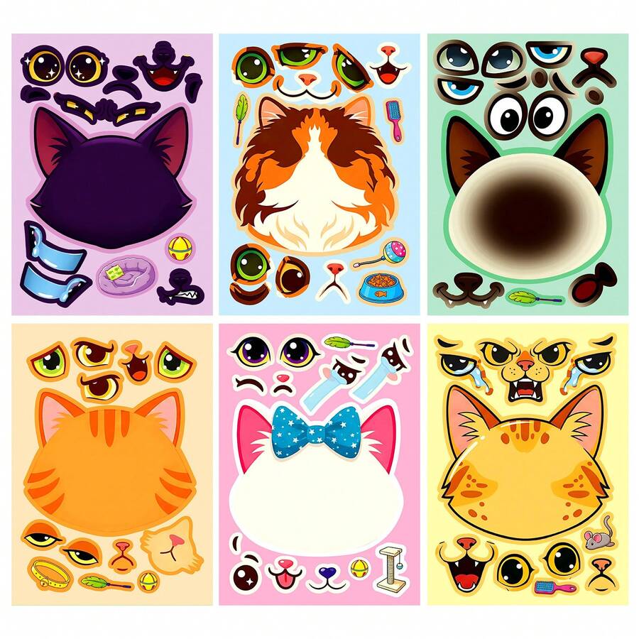 6pcs Cute Pet Cat DIY Face Changing Stickers, Kitten Expression Collage Stickers, Fun Handmade Gift For Boys Girls, Quiet Book Craft Supply - Multicolor - View 1