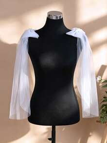 1 Pair Detachable Faux Pearl Bow Bridal Shawl, White Mesh Shoulder Sleeves, Wedding Party Strapless Dress Shoulder Accessory - Multicolor - View 10