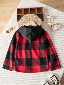 Tween Boy Kids Casual Versatile Red & Black Plaid Letter Patchwork Hooded Jacket, Suitable For Holidays, Travel, Vacation, Parties And Other Activities - Red - View 4