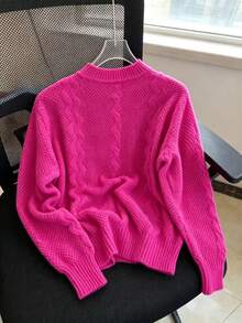 Soft Style Twisted Knit Crew Neck Loose Fit Lazy Solid Color Hollow Out Pullover Sweater - Hot Pink - View 2